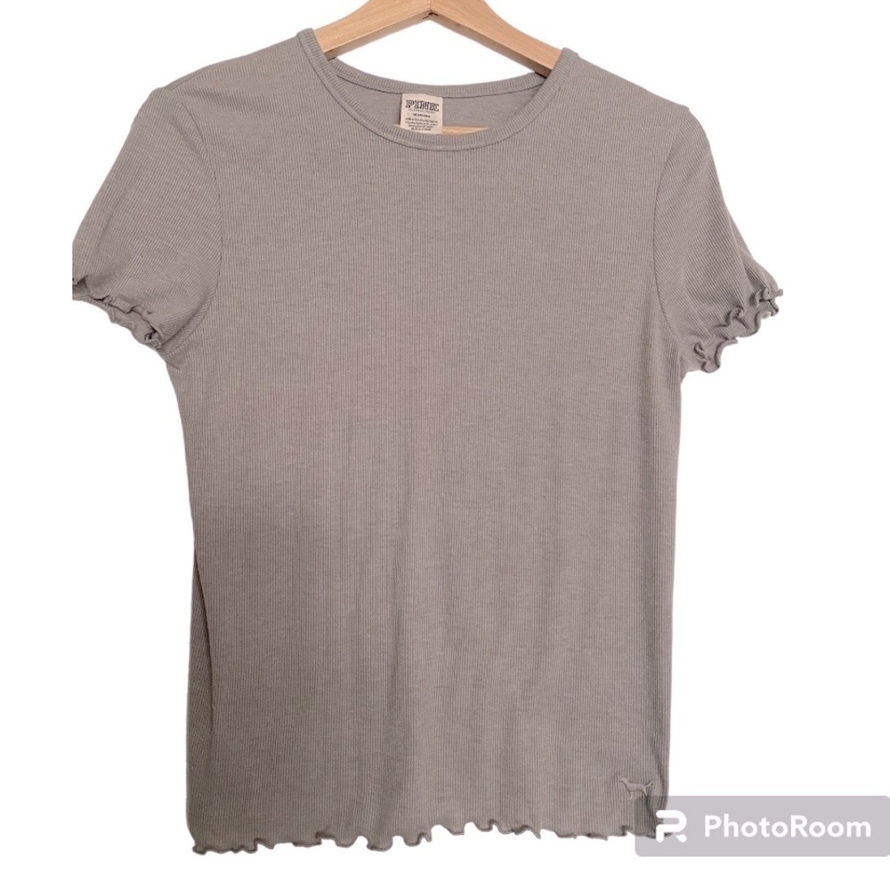 PINK GRAY FITTED RIBBED TEESHIRT WITH LETTUCE HEM SIZE MEDIUM